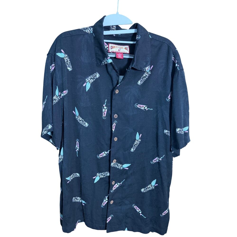 Caribbean Joe Hawaiian Shirt Tiki Cocktail Print Black Button Up Men's L